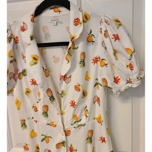 Weworewhat Womens Bella A Line Dress White Midi Fruits Collar Puff Sleeves S/P